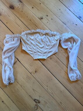 SHEIN Cream Off-Shoulder Corset Crop Top with Sheer Puff Sleeves